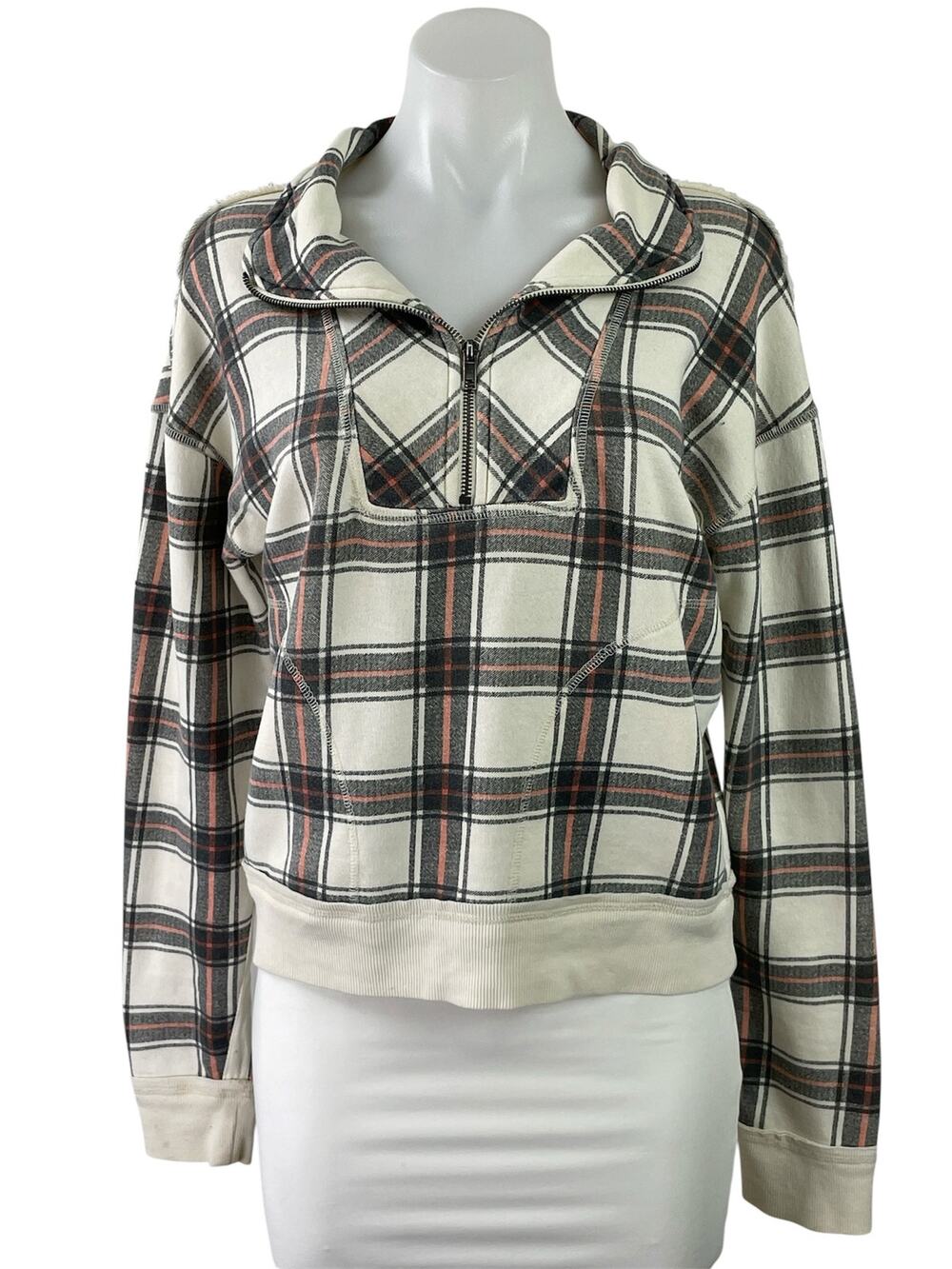 Free People Why Not Ivory Black Plaid Quarter Zip Pullover Sweater Sweatshirt S